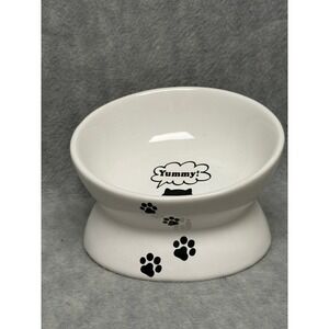Unbranded Elevated Ceramic Pet Bowl White Tilted Cat Feeder Paw Prints Yummy